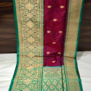 Pure Banarasi Kadhwa Katan Silk Saree Handloom Gold Zari Boota Design – Wine and Seagreen Color Contrast