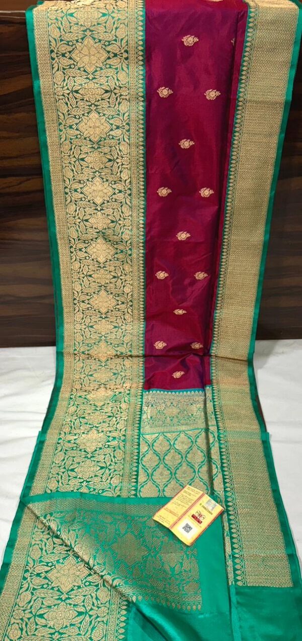 Pure Banarasi Kadhwa Katan Silk Saree Handloom Gold Zari Boota Design – Wine And Seagreen Color Contrast