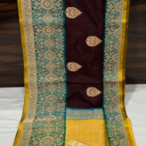 Pure Banarasi Kadhwa Katan Silk Saree Handloom Gold Zari Boota Design – Wine and Seagreen Color Contrast TriColor