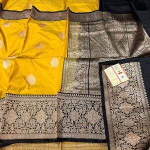 Pure Banarasi Kadhwa Katan Silk Saree Handloom Gold Zari Boota Design – Yellow and Black Color Contrast