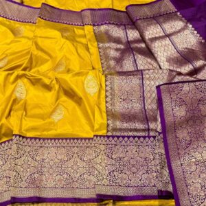 Pure Banarasi Kadhwa Katan Silk Saree Handloom Gold Zari Boota Design – Yellow and Purple Color Contrast