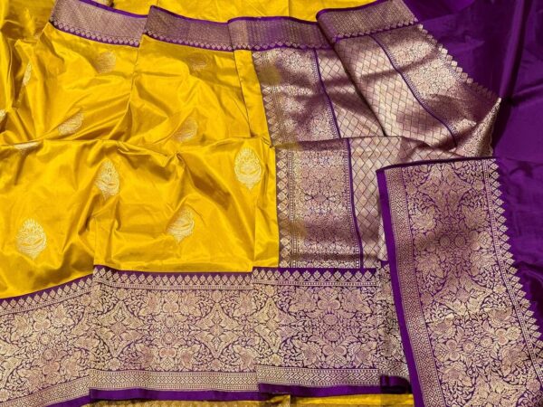 Pure Banarasi Kadhwa Katan Silk Saree Handloom Gold Zari Boota Design – Yellow And Purple Color Contrast