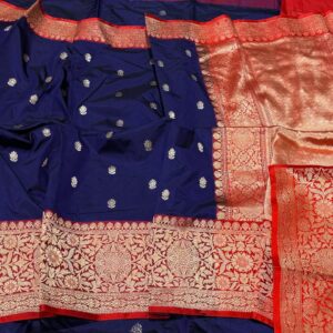 Pure Banarasi Kadhwa Katan Silk Saree Handloom Gold Zari Booti Design – Blue and Red Color Contrast