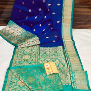 Pure Banarasi Kadhwa Katan Silk Saree Handloom Gold Zari Booti Design – Blue and Seagreen Color Contrast