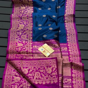 Pure Banarasi Kadhwa Katan Silk Saree Handloom Gold Zari Booti Design – German Blue and Pink Color Contrast