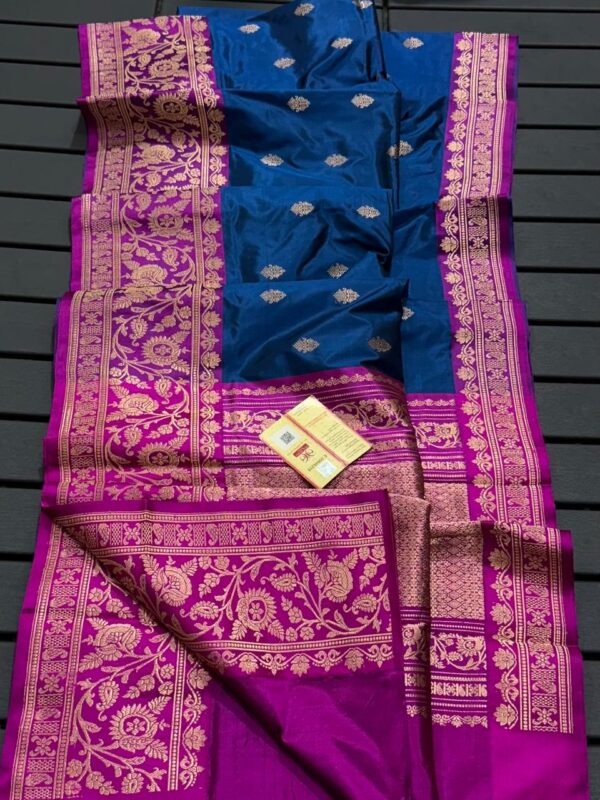 Pure Banarasi Kadhwa Katan Silk Saree Handloom Gold Zari Booti Design – German Blue And Pink Color Contrast