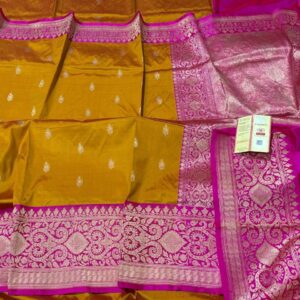 Pure Banarasi Kadhwa Katan Silk Saree Handloom Gold Zari Booti Design – Mustard Yellow and Pink Color Contrast