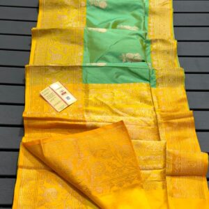 Pure Banarasi Kadhwa Katan Silk Saree Handloom Gold Zari Booti Design – Pista Green and Yellow Color Contrast