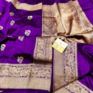 Pure Banarasi Kadhwa Katan Silk Saree Handloom Gold Zari Booti Design – Purple Color