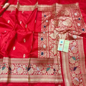 Pure Banarasi Kadhwa Katan Silk Saree Handloom Gold Zari Booti Design – Red Color