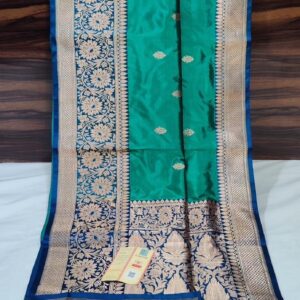 Pure Banarasi Kadhwa Katan Silk Saree Handloom Gold Zari Booti Design – Seagreen and Blue Color Contrast