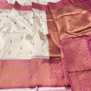 Pure Banarasi Kadhwa Katan Silk Saree Handloom Gold Zari Booti Design – White and Pink Color Contrast