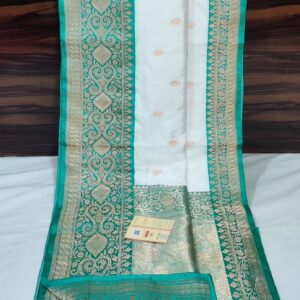 Pure Banarasi Kadhwa Katan Silk Saree Handloom Gold Zari Booti Design – White and Seagreen Color Contrast