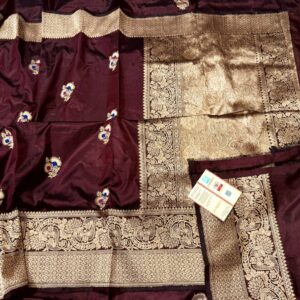 Pure Banarasi Kadhwa Katan Silk Saree Handloom Gold Zari Booti Design – Wine Color