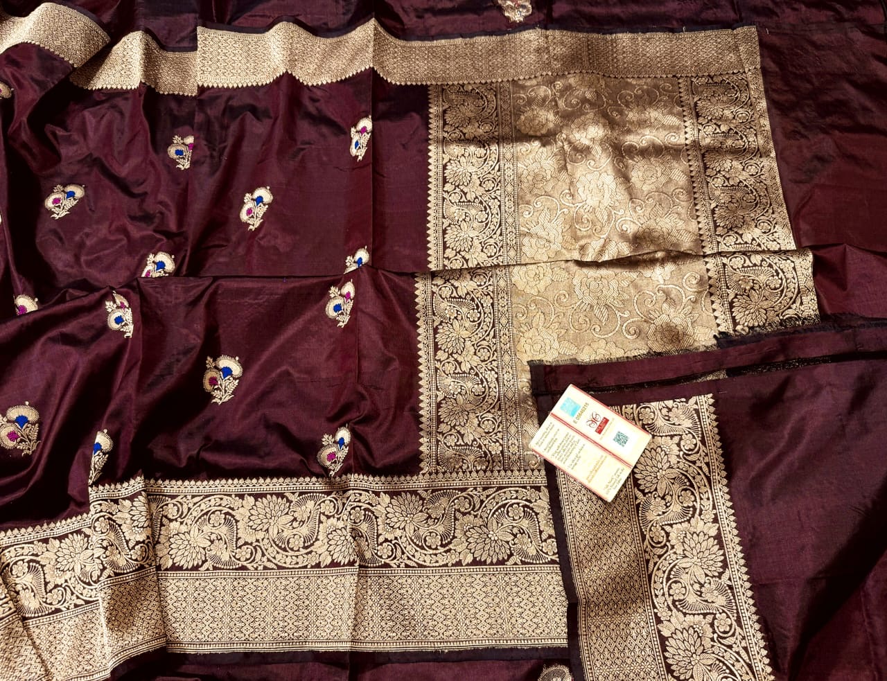 Pure Banarasi Kadhwa Katan Silk Saree Handloom Gold Zari Booti Design – Wine Color