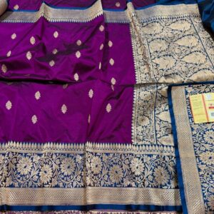 Pure Banarasi Kadhwa Katan Silk Saree Handloom Gold Zari Booti Design – Wine and Blue Color Contrast