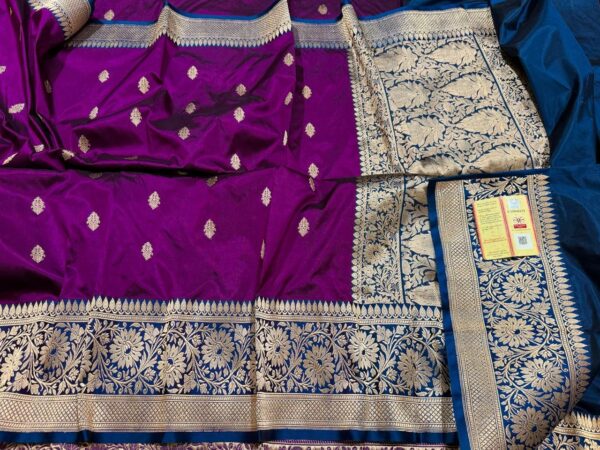 Pure Banarasi Kadhwa Katan Silk Saree Handloom Gold Zari Booti Design – Wine And Blue Color Contrast