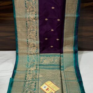 Pure Banarasi Kadhwa Katan Silk Saree Handloom Gold Zari Booti Design – Wine and Seagreen Color Contrast