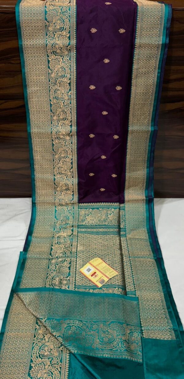 Pure Banarasi Kadhwa Katan Silk Saree Handloom Gold Zari Booti Design – Wine And Seagreen Color Contrast