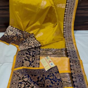 Pure Banarasi Kadhwa Katan Silk Saree Handloom Gold Zari Booti Design – Yellow and Blue Color Contrast TriColor