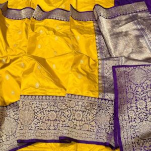 Pure Banarasi Kadhwa Katan Silk Saree Handloom Gold Zari Booti Design – Yellow and Purple Color Contrast