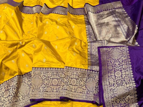 Pure Banarasi Kadhwa Katan Silk Saree Handloom Gold Zari Booti Design – Yellow And Purple Color Contrast