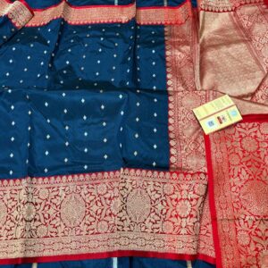 Pure Banarasi Kadhwa Katan Silk Saree Handloom Gold Zari Diamond Booti Design – Blue and Red Color Contrast