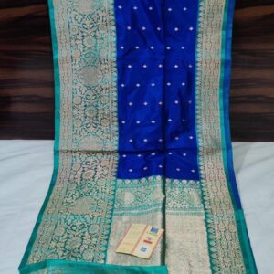 Pure Banarasi Kadhwa Katan Silk Saree Handloom Gold Zari Diamond Booti Design – Blue and Seagreen Color Contrast