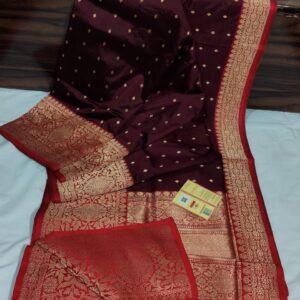 Pure Banarasi Kadhwa Katan Silk Saree Handloom Gold Zari Diamond Booti Design – Wine and Red Color Contrast