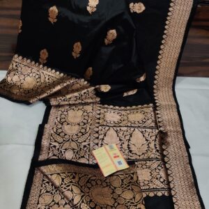 Pure Banarasi Kadhwa Katan Silk Saree Handloom Gold Zari Flower Boota Design – Black Color