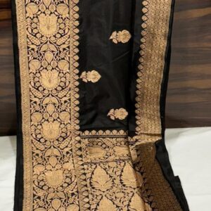 Pure Banarasi Kadhwa Katan Silk Saree Handloom Gold Zari Flower Boota Design – Black Color