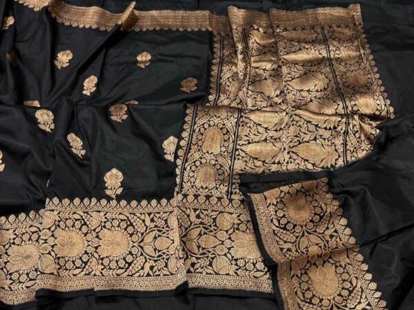 Pure Banarasi Kadhwa Katan Silk Saree Handloom Gold Zari Flower Boota Design – Black Color