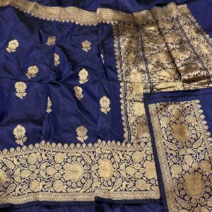 Pure Banarasi Kadhwa Katan Silk Saree Handloom Gold Zari Flower Boota Design – Blue Color