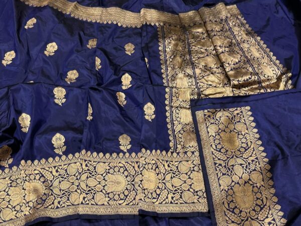 Pure Banarasi Kadhwa Katan Silk Saree Handloom Gold Zari Flower Boota Design – Blue Color