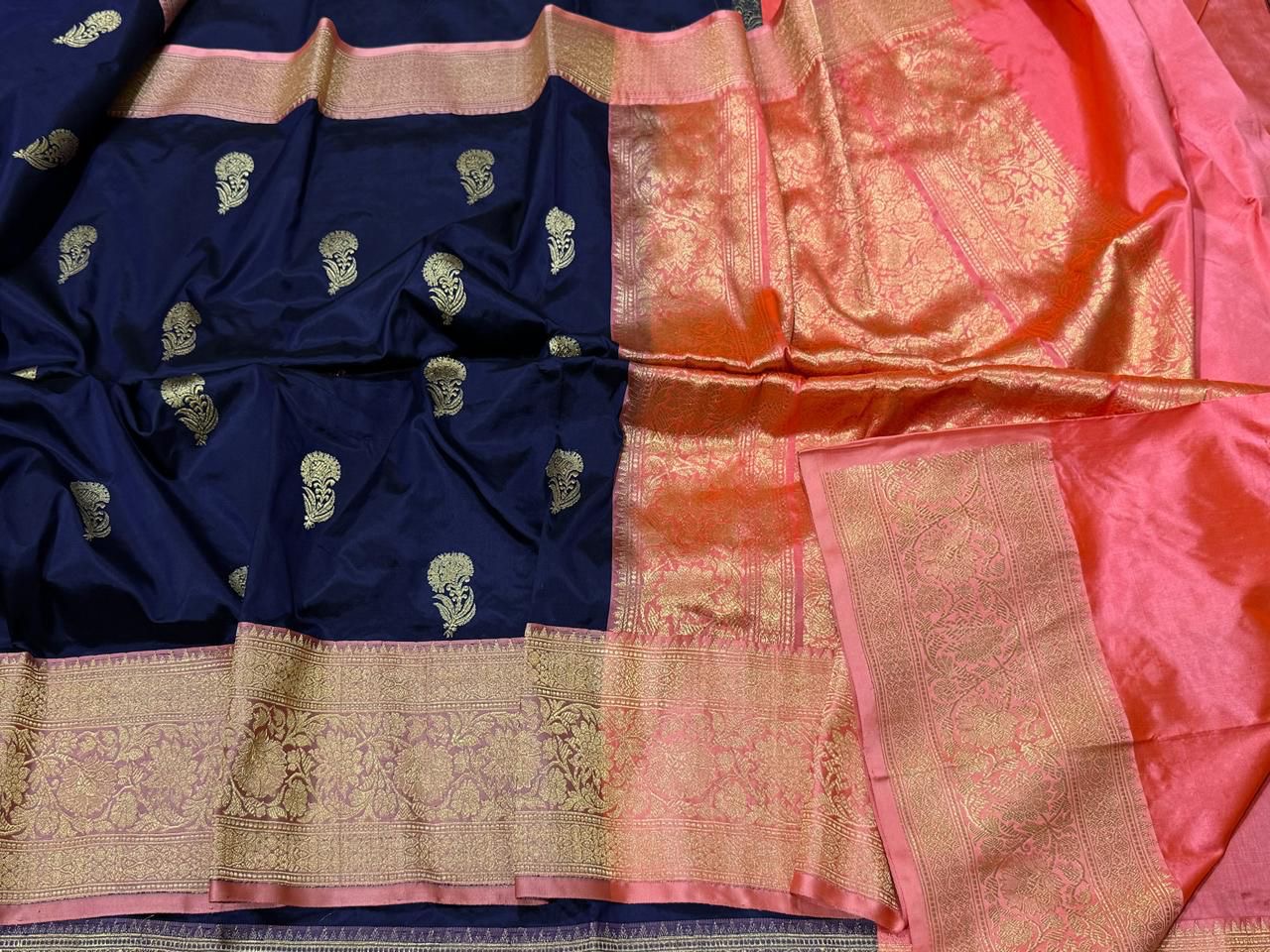 Pure Banarasi Kadhwa Katan Silk Saree Handloom Gold Zari Flower Boota Design – Blue And Peach Color Contrast