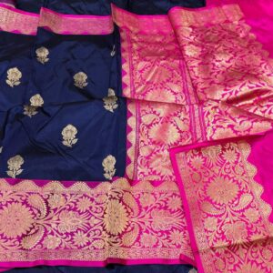 Pure Banarasi Kadhwa Katan Silk Saree Handloom Gold Zari Flower Boota Design – Blue and Pink Color Contrast