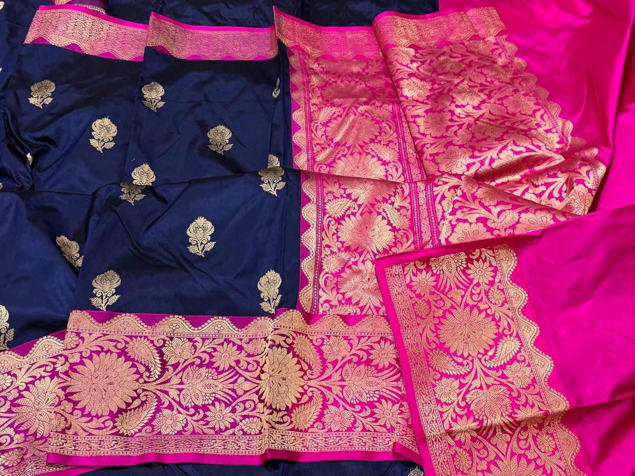 Pure Banarasi Kadhwa Katan Silk Saree Handloom Gold Zari Flower Boota Design – Blue And Pink Color Contrast