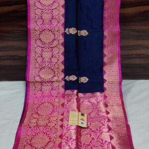 Pure Banarasi Kadhwa Katan Silk Saree Handloom Gold Zari Flower Boota Design – Dark Blue and Pink Color Contrast