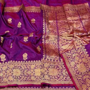 Pure Banarasi Kadhwa Katan Silk Saree Handloom Gold Zari Flower Boota Design – Dark Pink Color