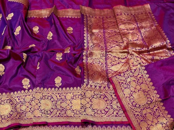 Pure Banarasi Kadhwa Katan Silk Saree Handloom Gold Zari Flower Boota Design – Dark Pink Color