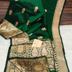 Pure Banarasi Kadhwa Katan Silk Saree Handloom Gold Zari Flower Boota Design – Green Color