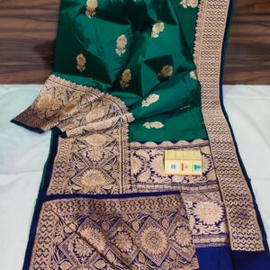 Pure Banarasi Kadhwa Katan Silk Saree Handloom Gold Zari Flower Boota Design – Green and Blue Color Contrast