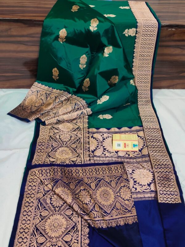 Pure Banarasi Kadhwa Katan Silk Saree Handloom Gold Zari Flower Boota Design – Green And Blue Color Contrast