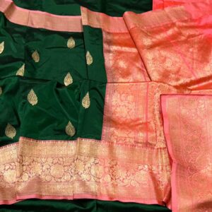 Pure Banarasi Kadhwa Katan Silk Saree Handloom Gold Zari Flower Boota Design – Green and Pink Color Contrast