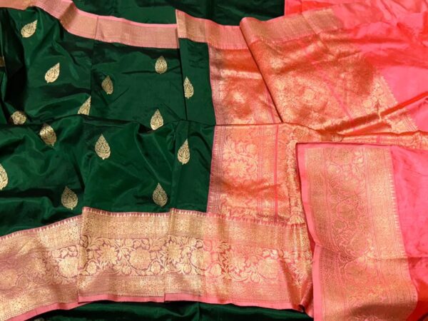 Pure Banarasi Kadhwa Katan Silk Saree Handloom Gold Zari Flower Boota Design – Green And Pink Color Contrast