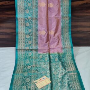 Pure Banarasi Kadhwa Katan Silk Saree Handloom Gold Zari Flower Boota Design – Lavender and Seagreen Color Contrast