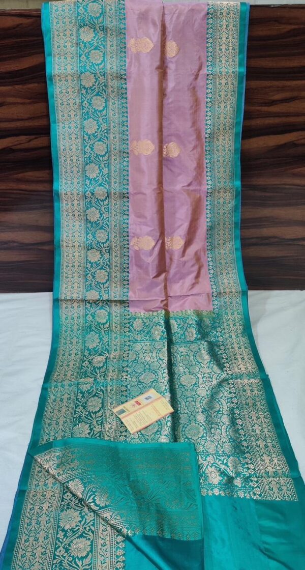 Pure Banarasi Kadhwa Katan Silk Saree Handloom Gold Zari Flower Boota Design – Lavender And Seagreen Color Contrast