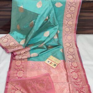 Pure Banarasi Kadhwa Katan Silk Saree Handloom Gold Zari Flower Boota Design – Light Seagreen and Light Pink Color Contrast