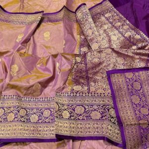 Pure Banarasi Kadhwa Katan Silk Saree Handloom Gold Zari Flower Boota Design – Mauve and Violet Color Contrast