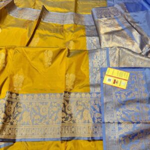 Pure Banarasi Kadhwa Katan Silk Saree Handloom Gold Zari Flower Boota Design – Mustard Yellow and SkyBlue Color Contrast